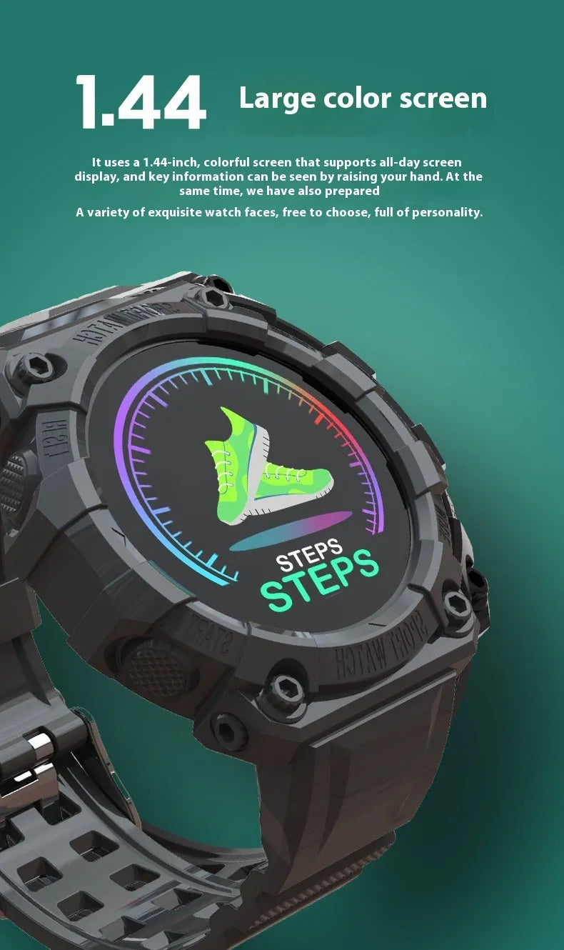Spaceman Round FD68S smart bracelet with 144 colour TFT screen, round face, in black on wrist