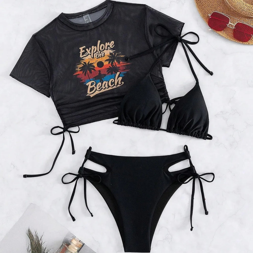 Women's three-piece swimsuit set in nylon, shown in black, white, pink, or orange red