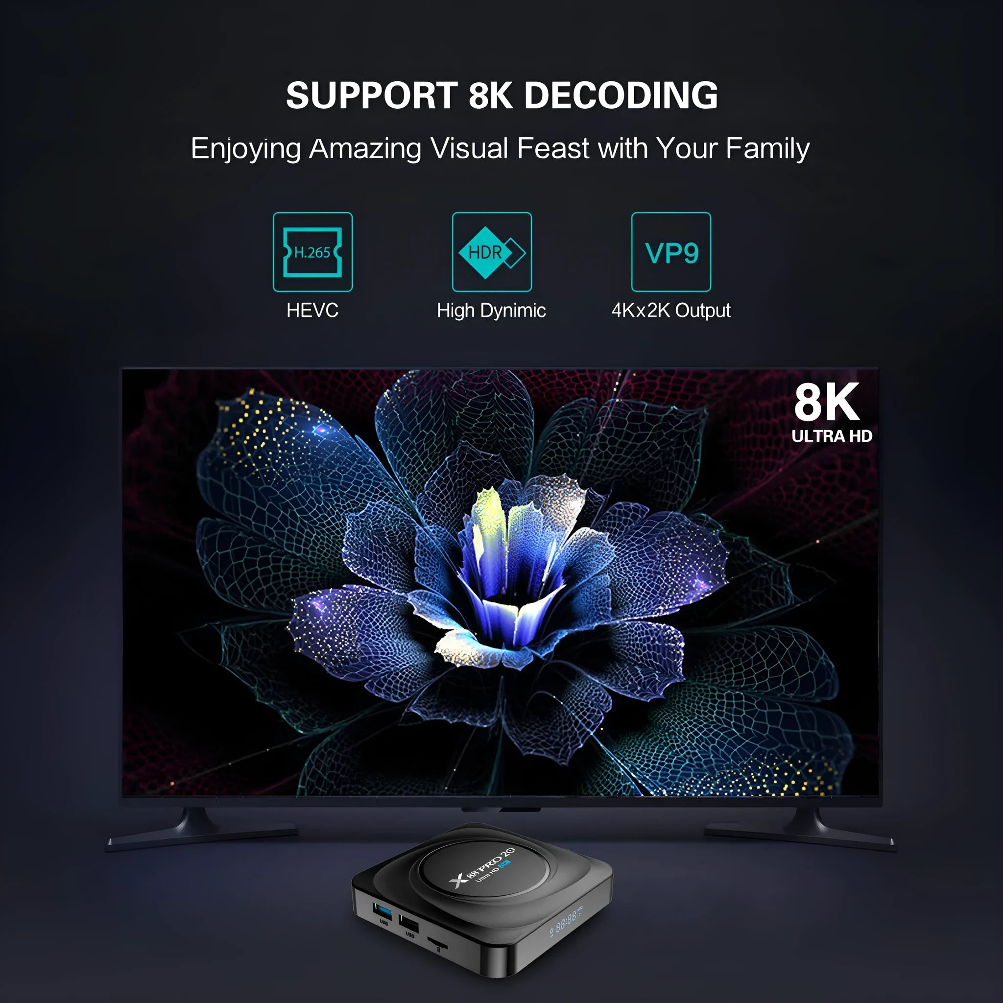 Set-top dual-band WiFi Bluetooth TV box with remote control and HDMI cable on table