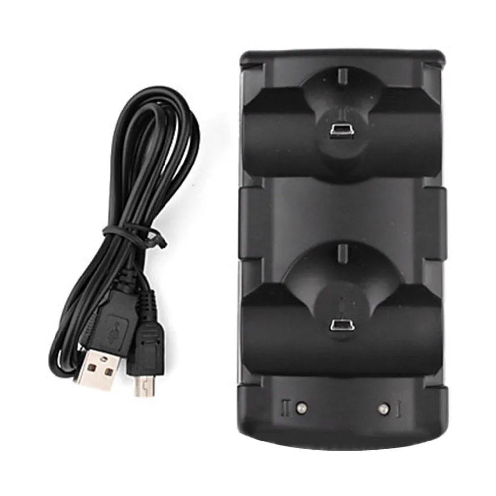 Black dual charging dock for PlayStation 3 controllers with USB cable connected