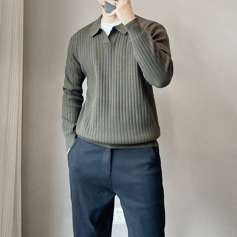 Man wearing a loose striped lapel knitted sweater in light grey, showing rabbit fur and modal blend fabric.