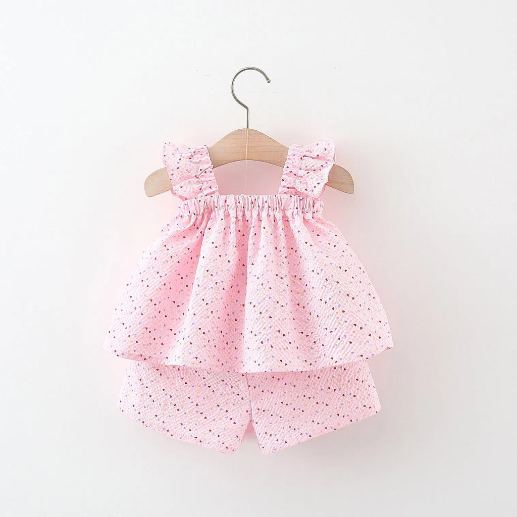 Baby girls cotton bowknot flying sleeve top and shorts set in pink, suitable for 73-100cm height