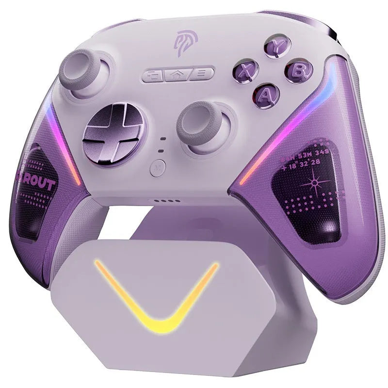 Smart Startstop Rocker game controller on its charging base, shown in Black, Green, and Purple colour options.