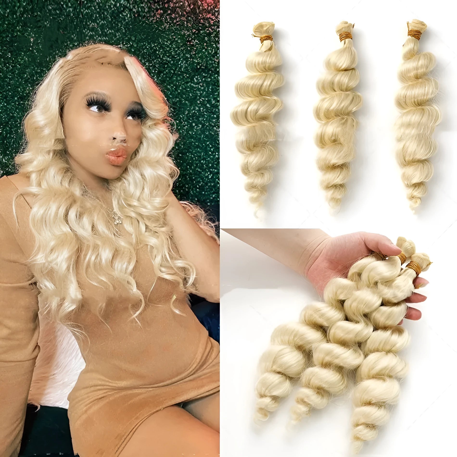 Golden women's wig with wefted chemical fibre construction shown in three length options