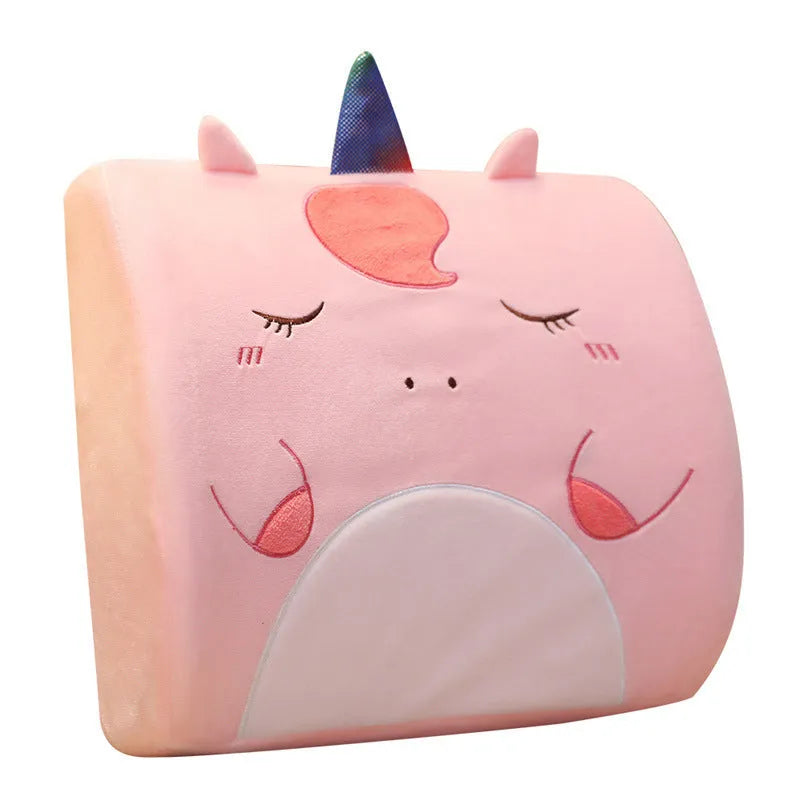 Cartoon memory foam lumbar support cushion with removable core, shown in Pink Unicorn design with embroidery detail.