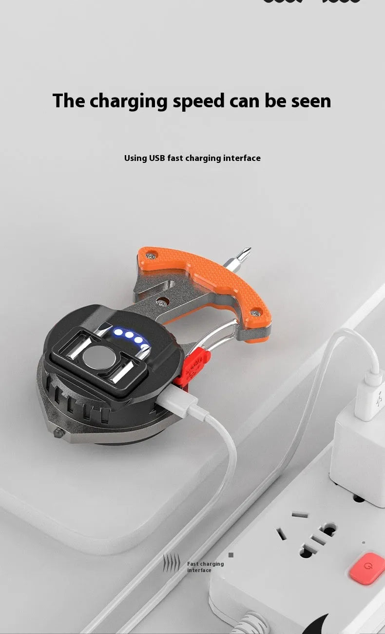 Portable multifunctional keychain flashlight with screwdriver and window breaker hammer, showing COB LED light.