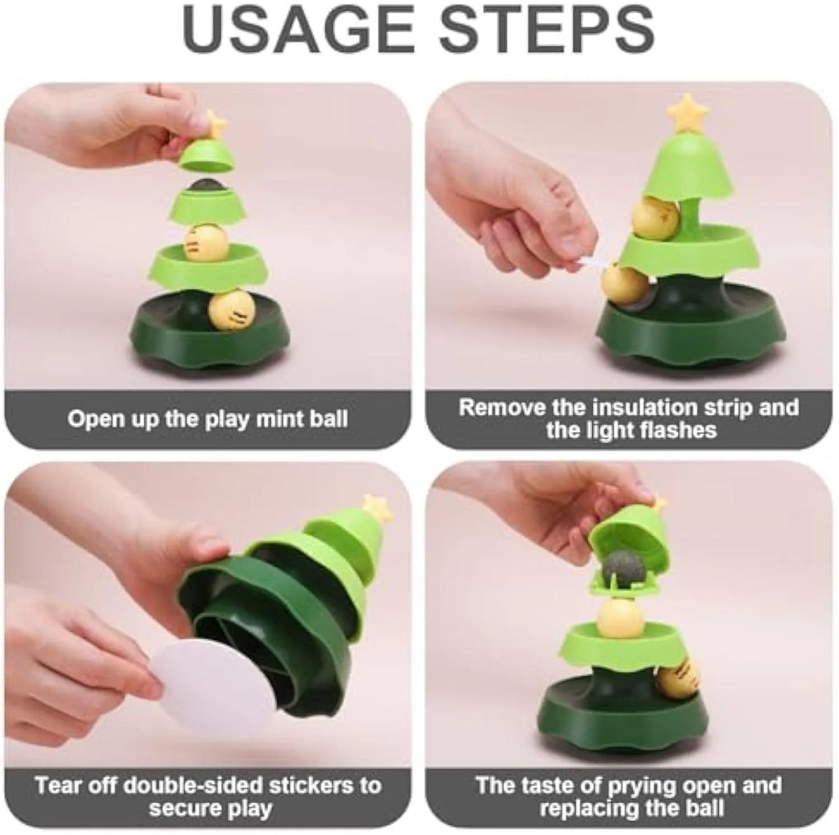 Tree-shaped cat toy track with two tiers of rolling balls and a catnip ball under a green cover on the floor