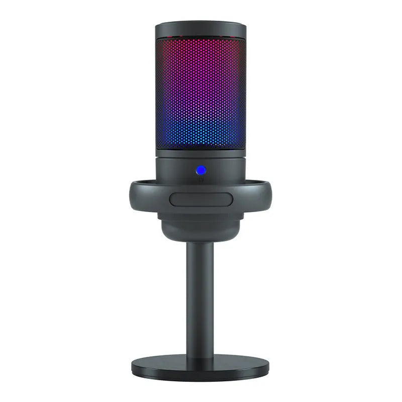 USB condenser microphone with RGB light effects on a black cantilever mounting arm