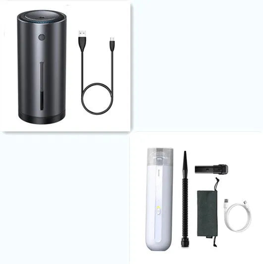 BASEUS wireless handheld car vacuum cleaner in black, white, or green with blowing hose.