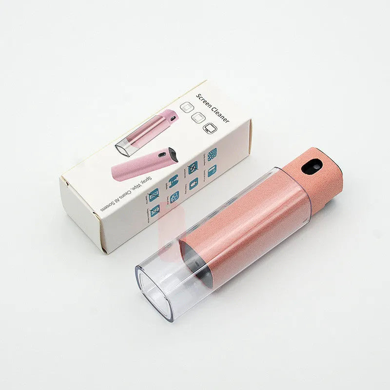 2-in-1 screen cleaner kit with spray bottle and microfiber cloth for mobile phone and computer screens in pink and gray