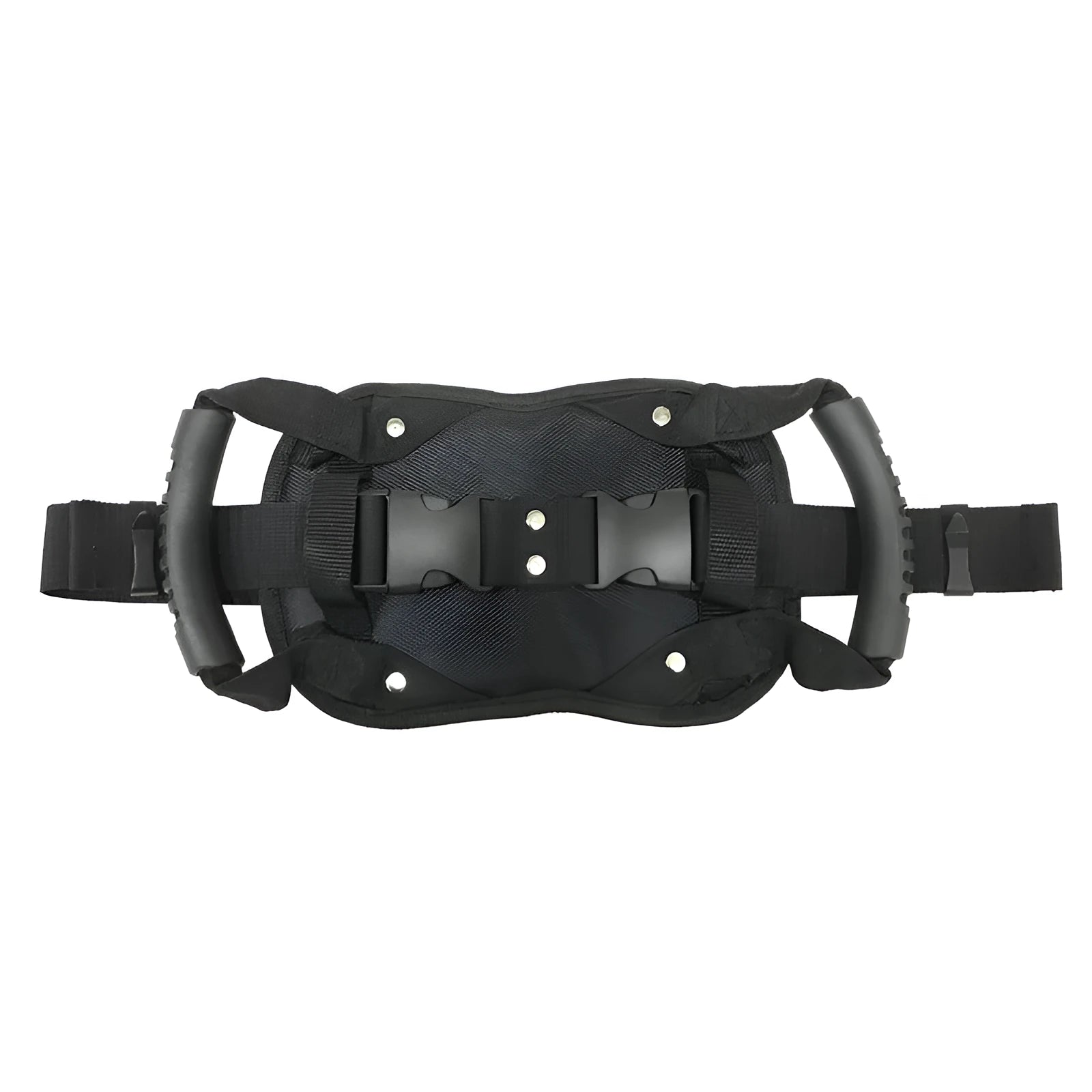 Motorcycle rear seat safety handle in black with Oxford cloth strap and adjustable buckle