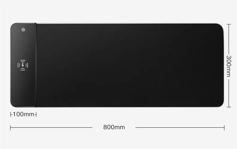 Wireless charging RGB luminous mouse pad 300x800x4mm with black cloth surface and built-in 10W charger