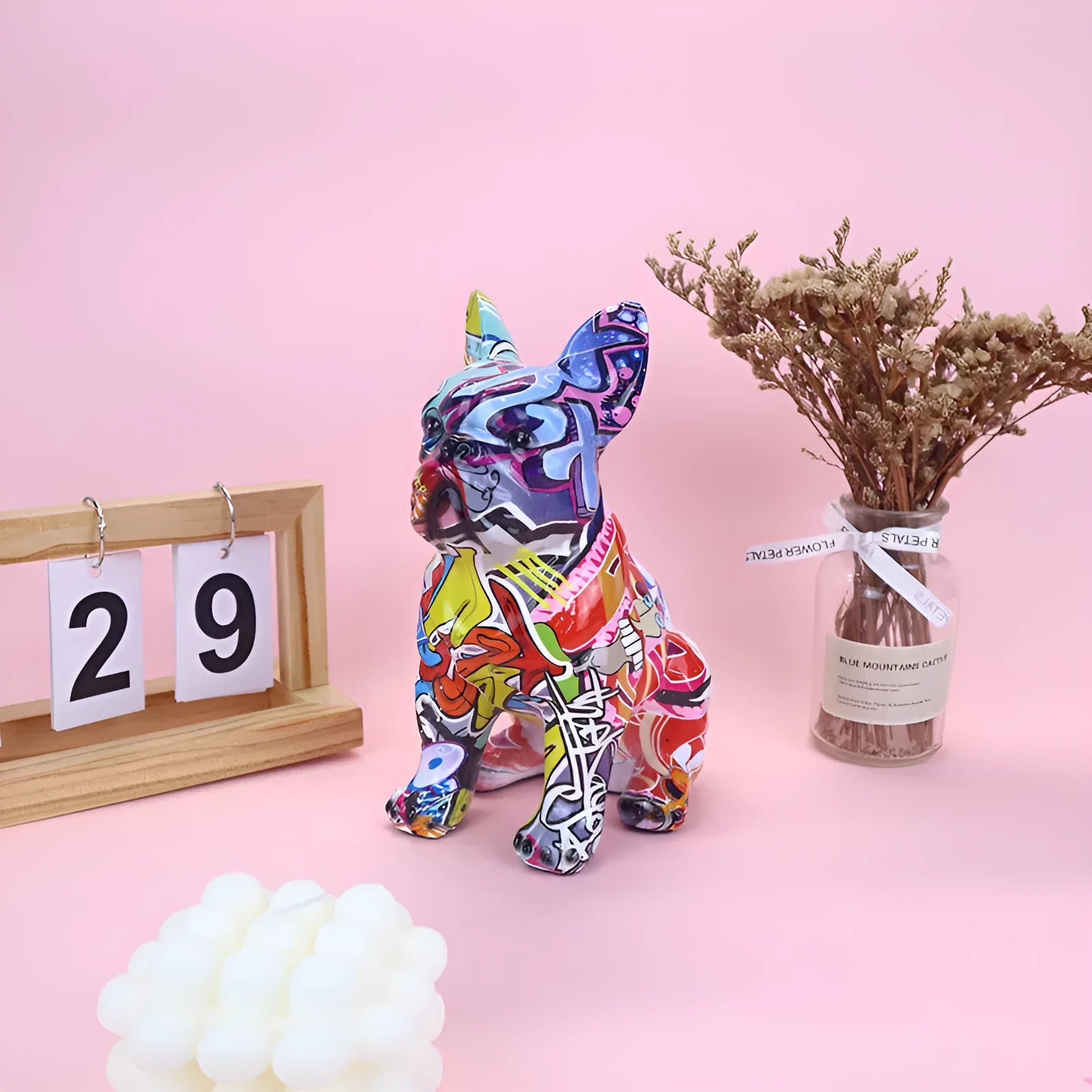 Modern French Bulldog resin statue with graffiti finish, measuring 17x11.5x22cm