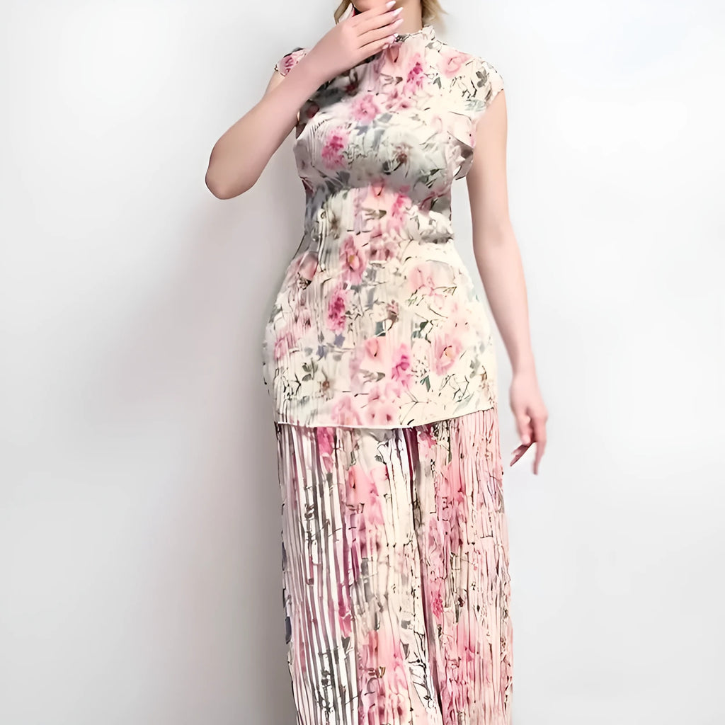 Long sleeve floral print chiffon dress and skirt set on a hanger.