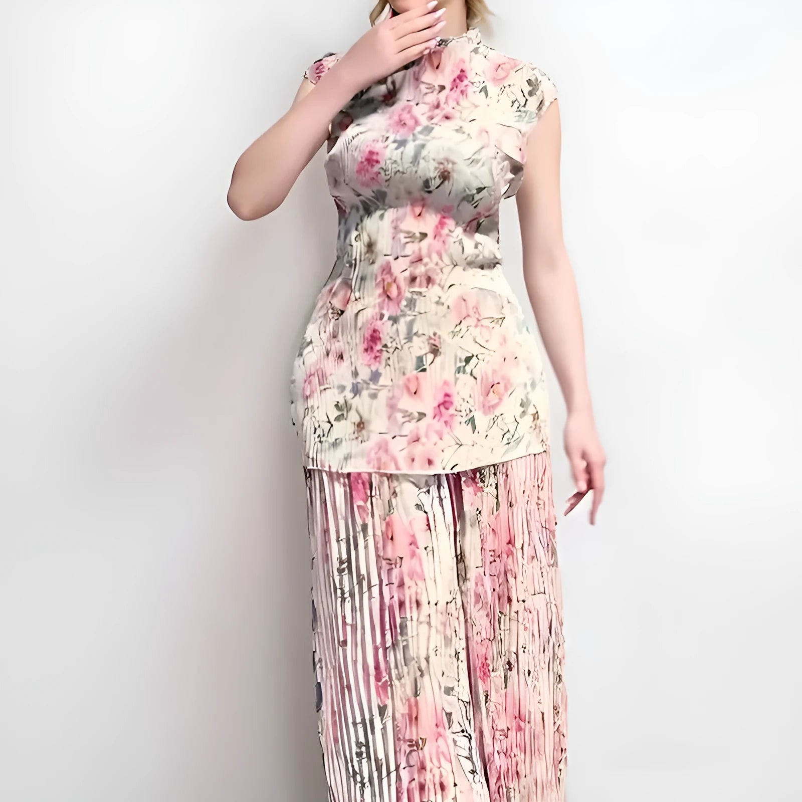 Long sleeve floral print chiffon dress and skirt set on a hanger.