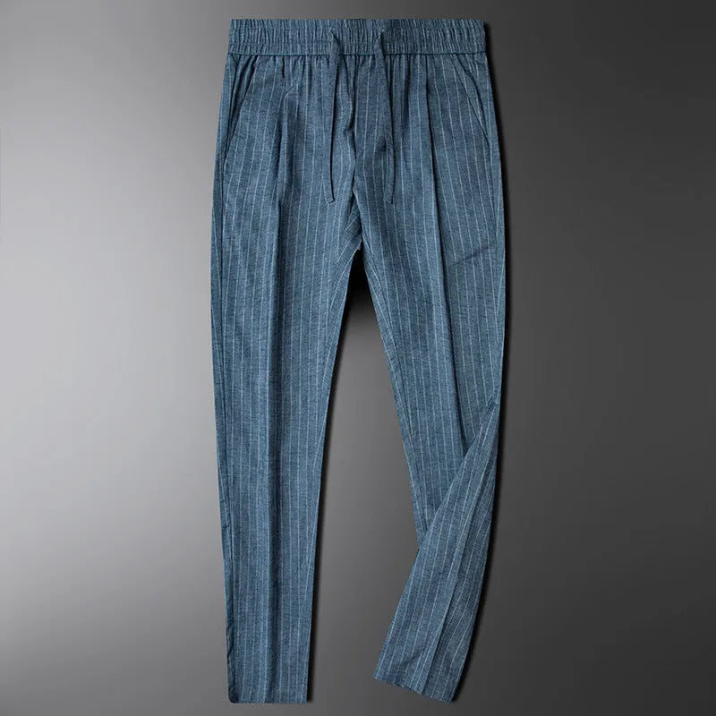 Men's casual striped linen trousers in blue gray colour with micro elastic waistband