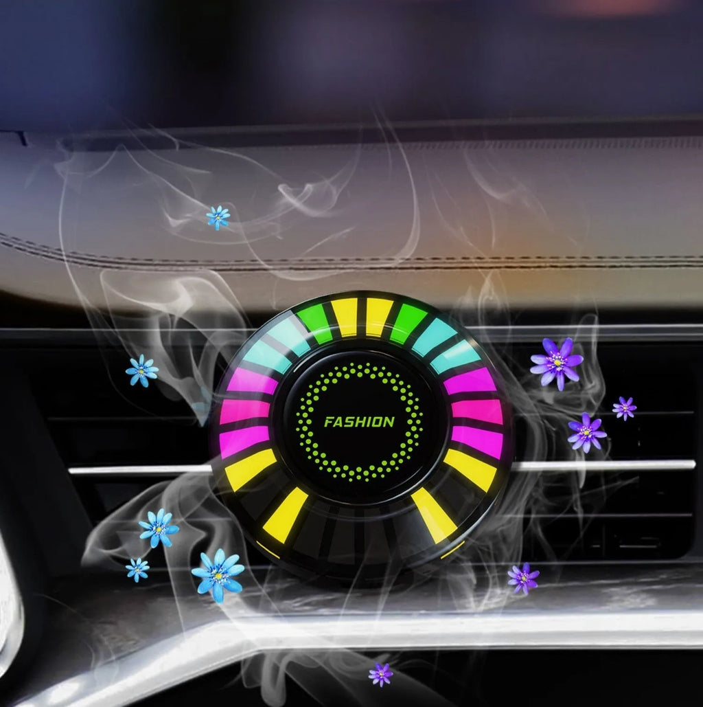 Car air vent aromatherapy device with built-in RGB LED lights for odour control and interior illumination