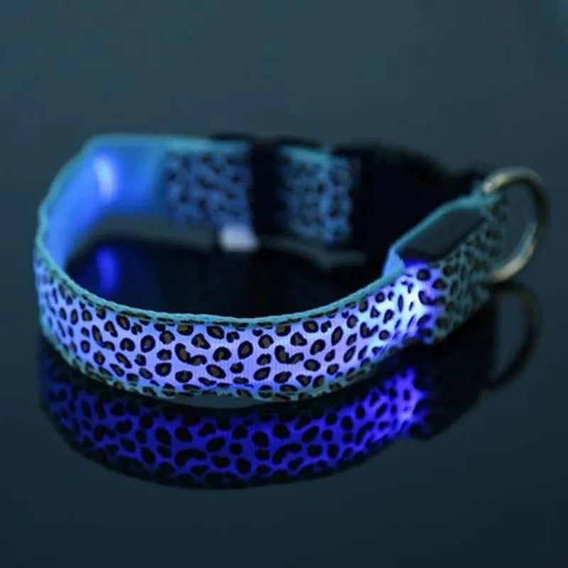 LED dog collar with leopard print nylon strap and four light modes, adjustable for small to large dogs