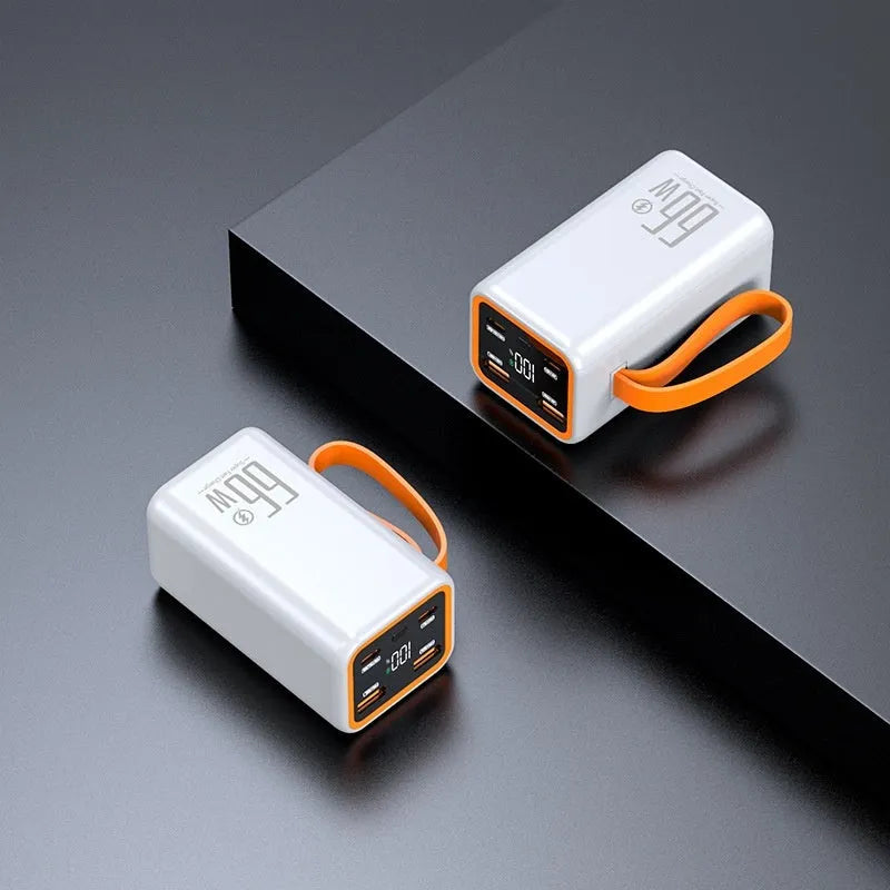 Black and white PD66W 20000mAh fast charge power bank showing front view and size.