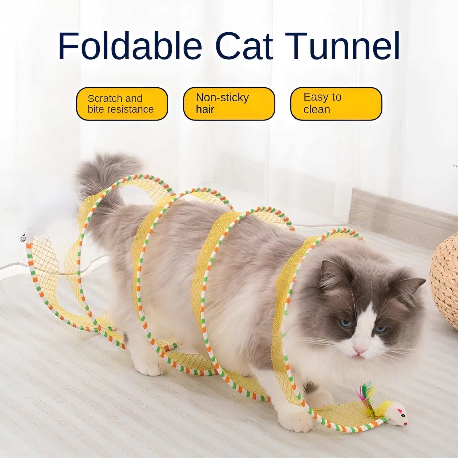 Blue cat tunnel and long pole teasing stick with feather attachments for cat play.
