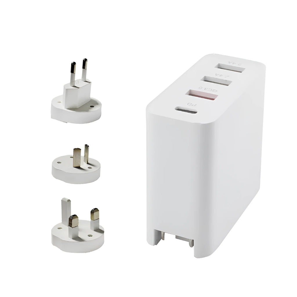 Black 48W PD wall charger with four USB-C ports and a UK plug.
