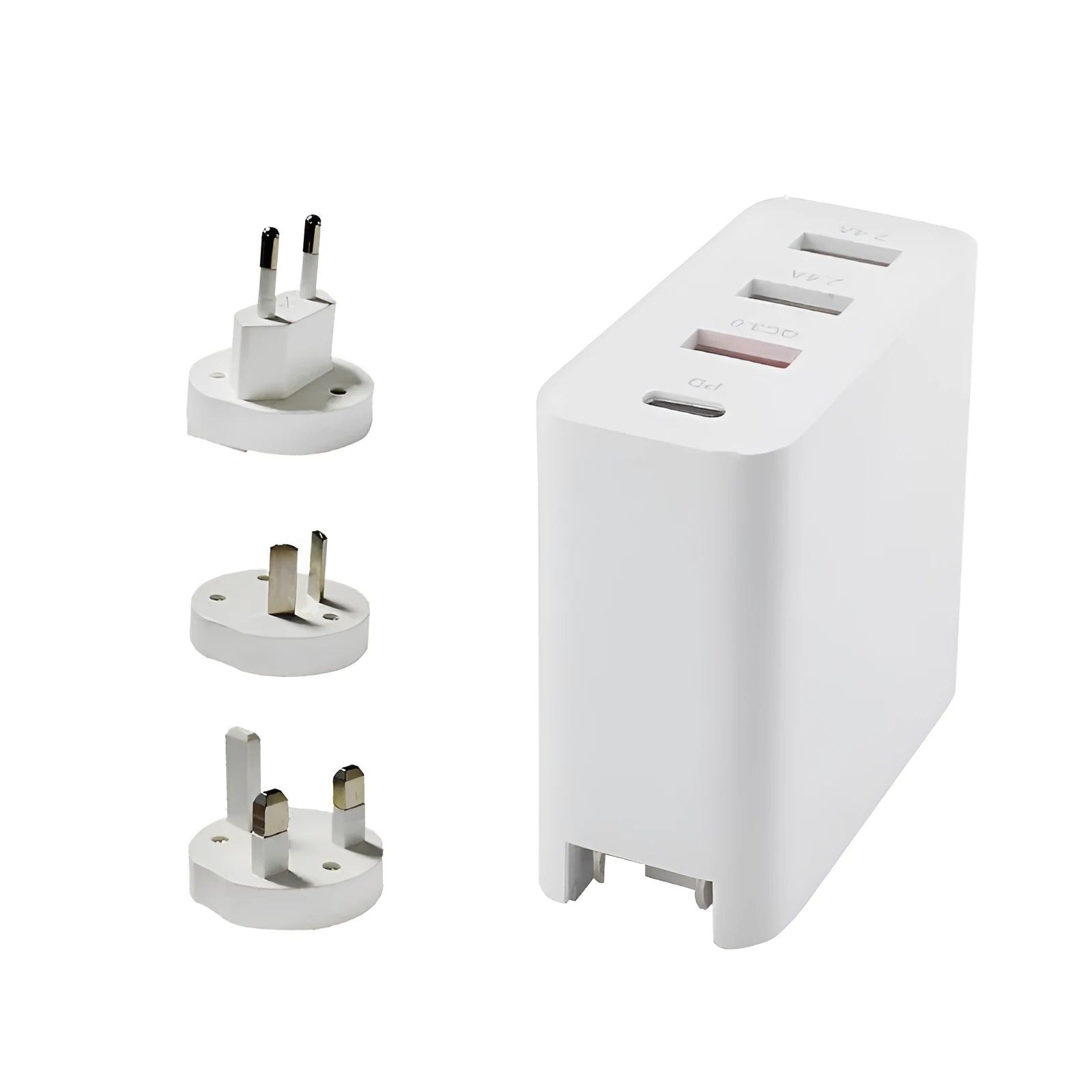 Black 48W PD wall charger with four USB-C ports and a UK plug.