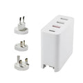 Black and white 48W four-port USB-C wall charger with LED light and regional plug.