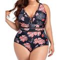 Black printed plus size women's bikini swimwear in polyester mesh fabric with stitching detail