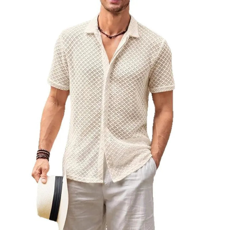 Men's short sleeve summer shirt in cotton blend fabric with lapel cardigan styling