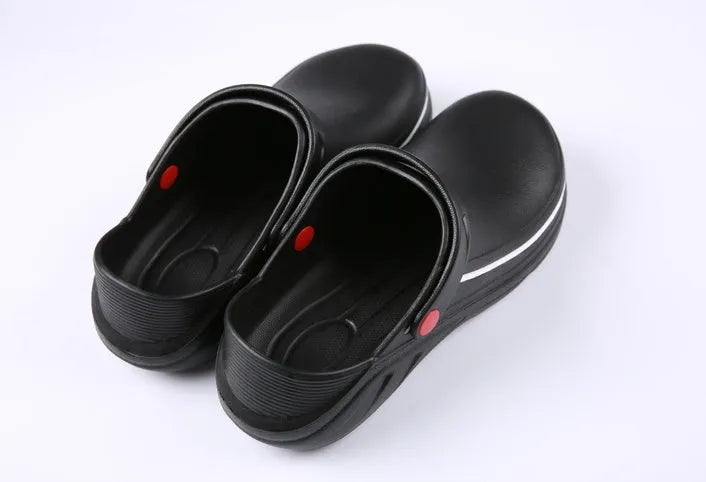 Black slip resistant EVA chef clogs with non-slip rubber outsole for kitchen work