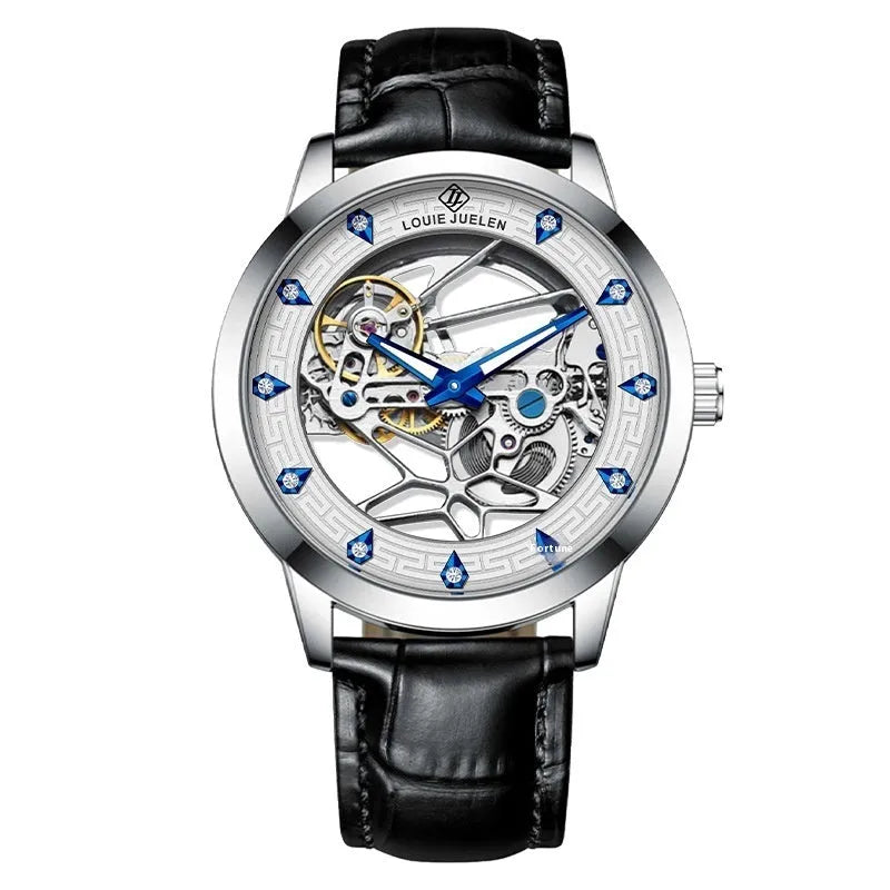 Men's silver mechanical watch with white dial, blue hands, and black leather strap on wrist