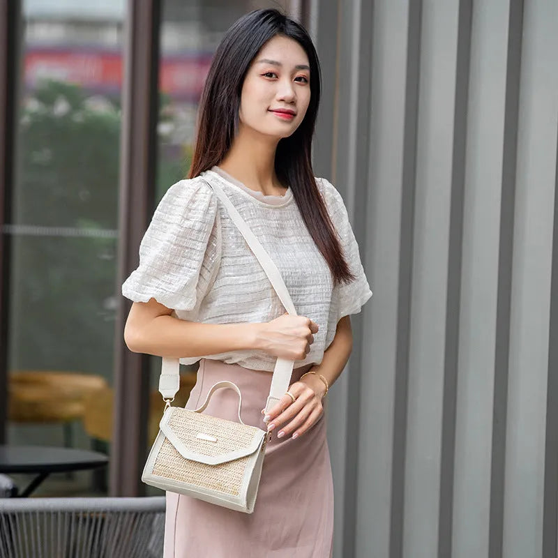 Simple woven sequin decorative crossbody small square bag in straw, four colour options: white, pink, black, dark brown.