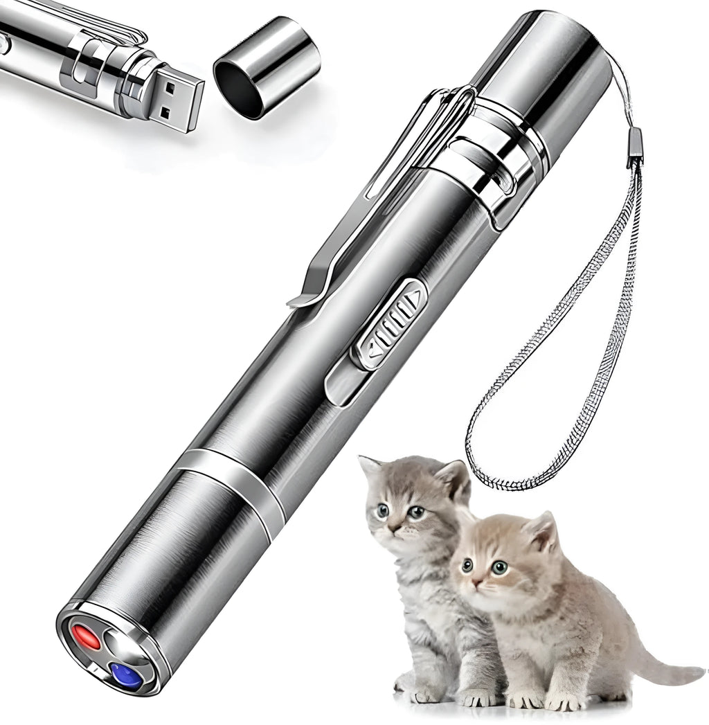 Silver aluminium cat laser pointer toy showing light patterns on a wall next to a cat.