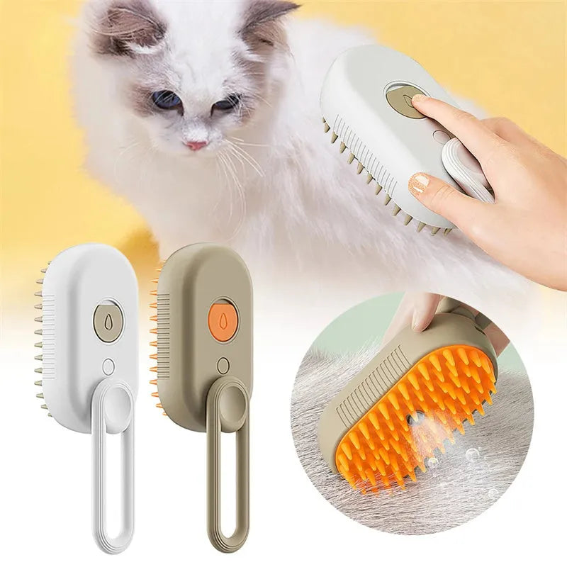 Porcelain White 3-in-1 Electric Steam Pet Brush with silicone bristles and USB charging port