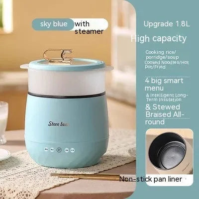 Household mini multi-function rice cooker in beige with steamer attachment, 1.8L capacity, 18x16cm