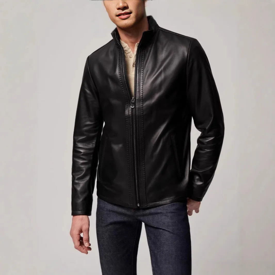 Men's black polyester retro jacket with straight hem and long sleeves