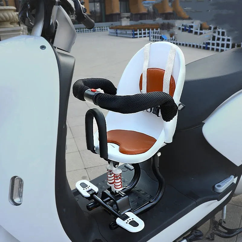 High carbon steel front safety seat for a child's battery scooter in black, red, or white.