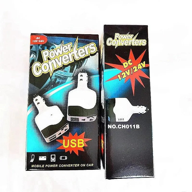 Car transformer power supply with cigarette lighter plug and USB output for mobile charging