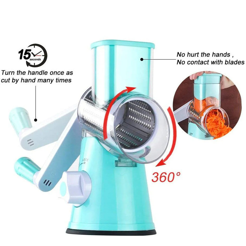 Round manual mandoline vegetable slicer with stainless steel blades in blue green red colour options