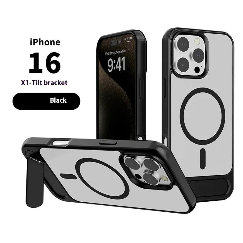 Metallic paint skin-sensitive magnetic bracket phone case for iPhone, black colour, folded stand visible on rear panel