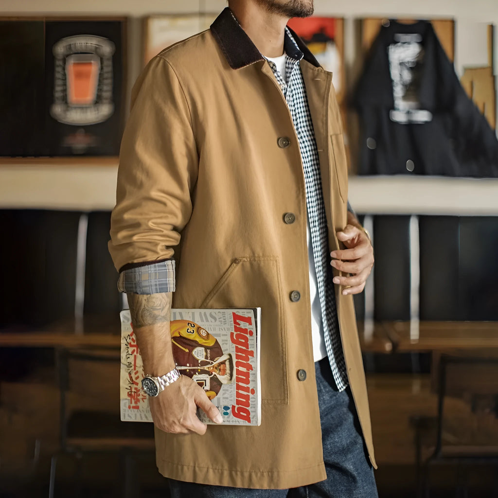 Men's cotton khaki mid-length trench coat with loose fit, front view