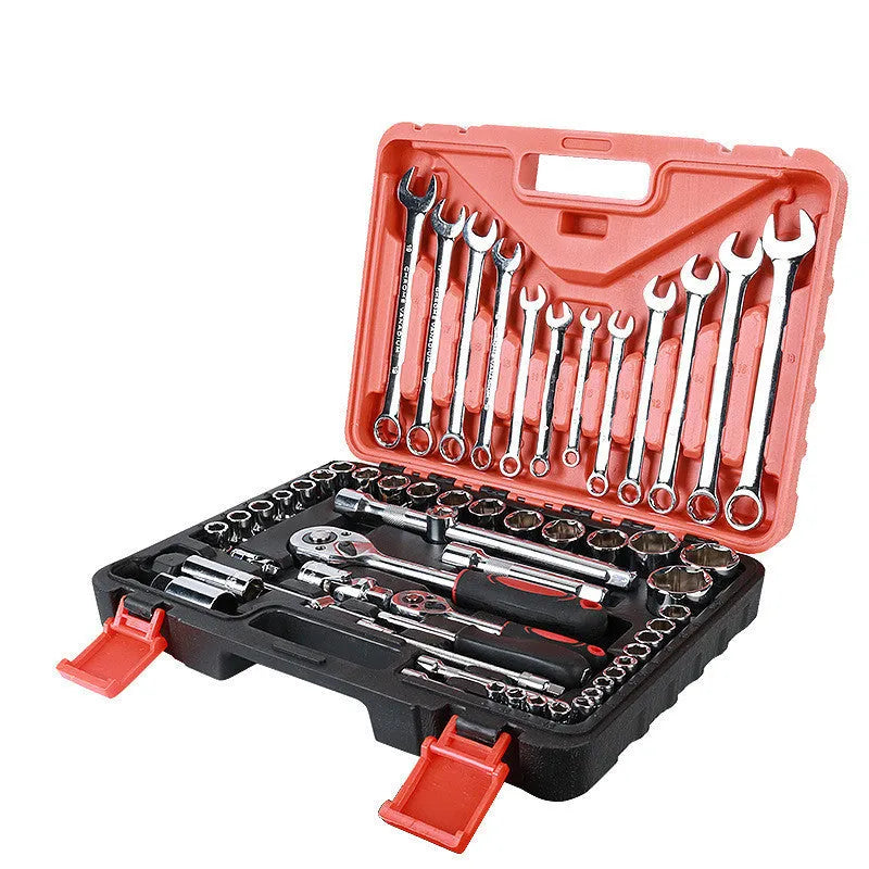 61-piece chrome vanadium steel auto repair socket and wrench set with ratchets, metric sockets, and extensions on a grey background.