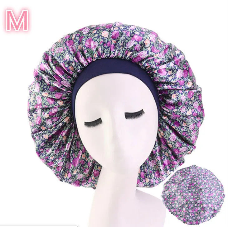 Beauty print satin silk bonnet sleep night cap with polyester spandex in black pattern