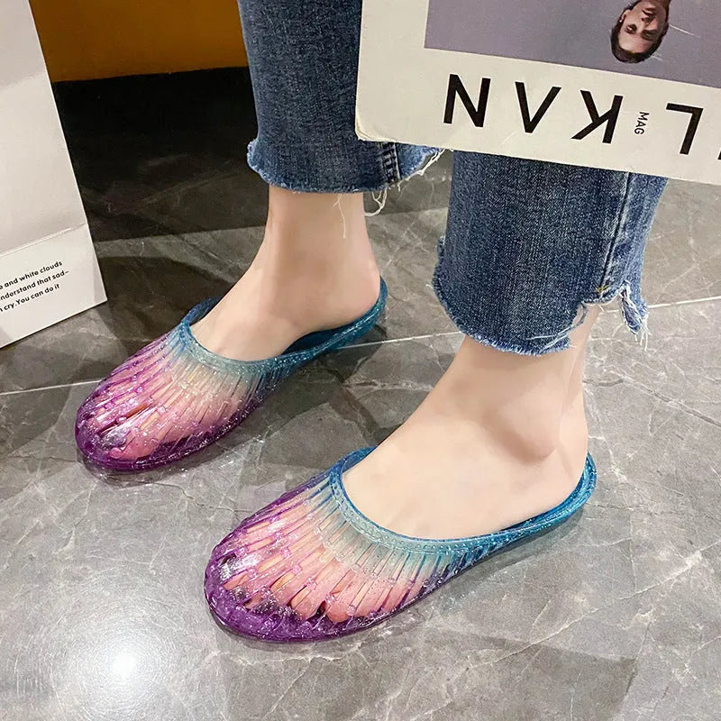 Fashion crystal women's toe-covered non-slip sandals in gradient colour with plastic upper and PVC sole