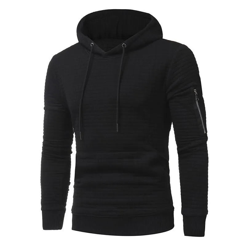 Men's sweatshirt hoodie with arm zipper long sleeve slim top in solid colour, O-neck, cotton poly blend, side view