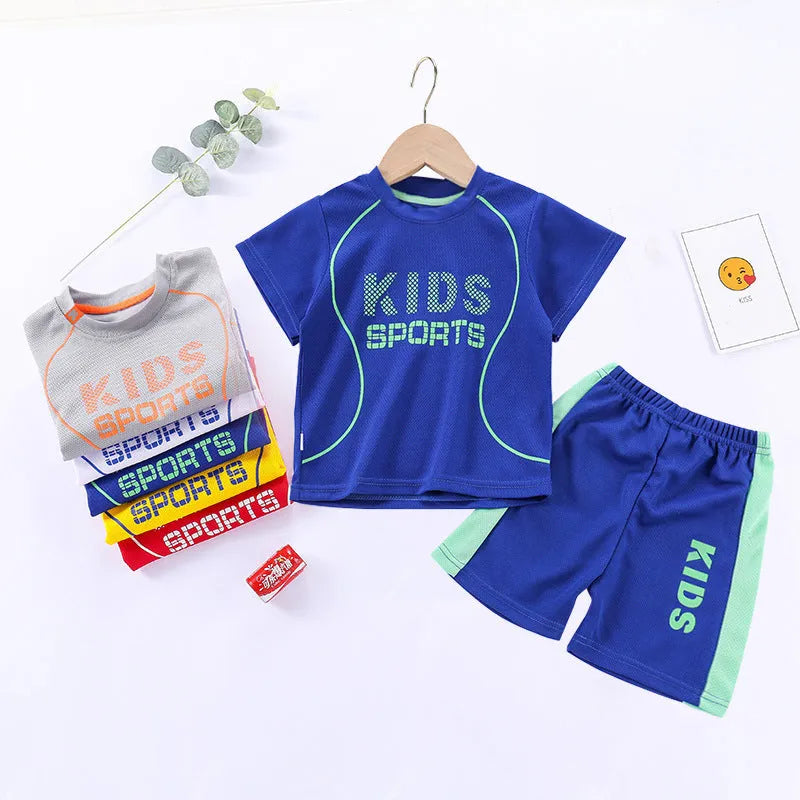 Children short-sleeved sportswear set with letter print, polyester blend, available in multiple colours for boys and girls