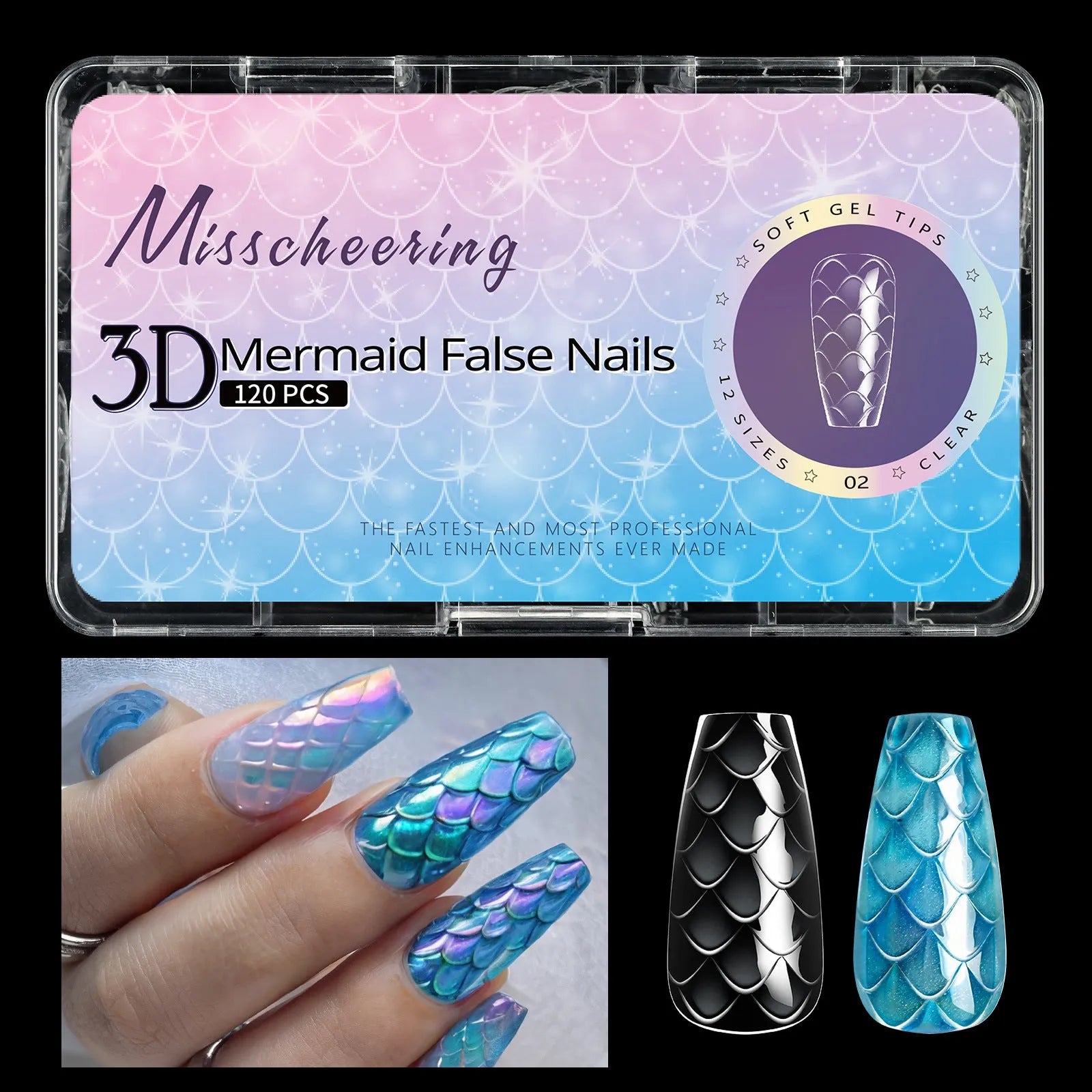 3D scale long shaping nail tips for gel and acrylic nail extensions in multiple colour options