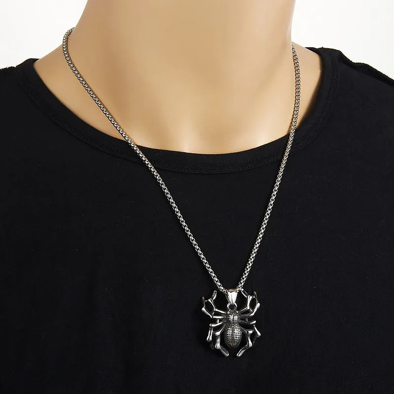 Titanium steel spider punk pendant with polished finish, unisex design, shown with optional square pearl chain