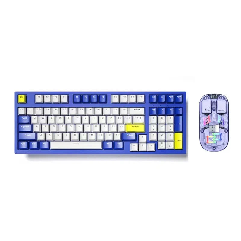 Custom mechanical keyboard and wireless mouse in selected colour option with backlight illumination.