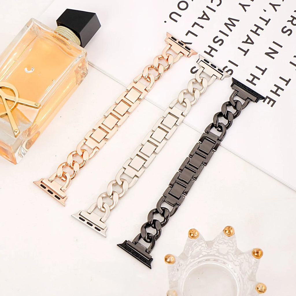 Metal denim chain Apple Watch strap in silver, black, gold, rose gold, and Starlight colours showing textured design